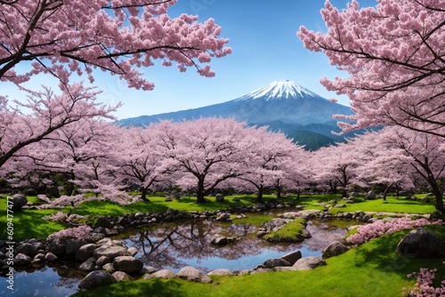Sakura blossoms in japanese style ornamental garden, beautiful landscape. Generative AI.