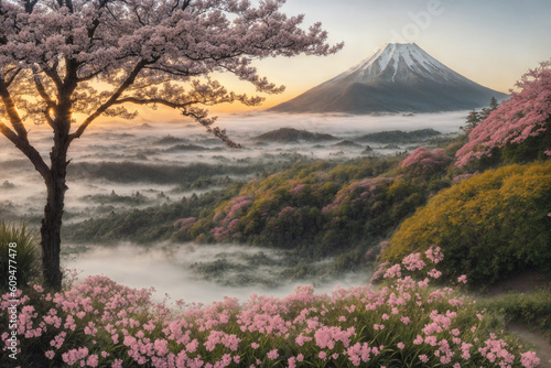 Sakura blossoms in japanese style ornamental garden, beautiful landscape. Generative AI. © soleg