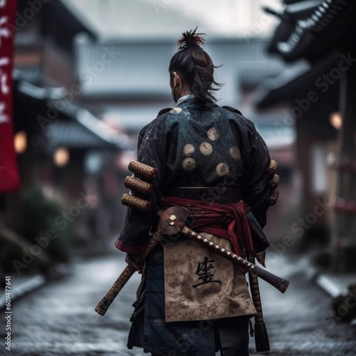 Back view of a samurai. Generative AI.