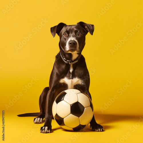 Dog with a soccer ball on a yellow background. Generative AI.
