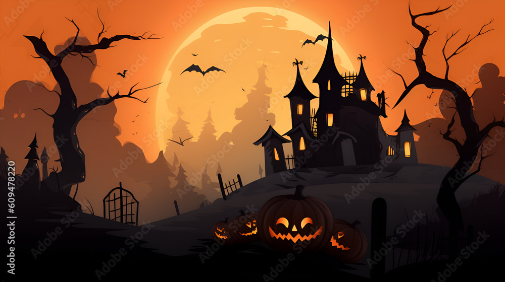 Illustration of spooky house with jack o lantern