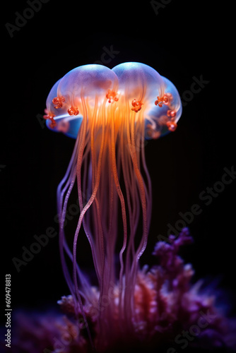 Watercolor jellyfish in modern bright neon colorful isolated on black background Futuristic vivid illustration