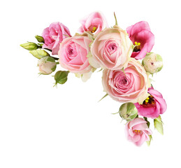 Pink rose and eustoma flowers in a corner floral arrangement isolated on white or transparent background