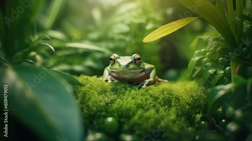 Cute little green frog peeking out from behind the leaves
