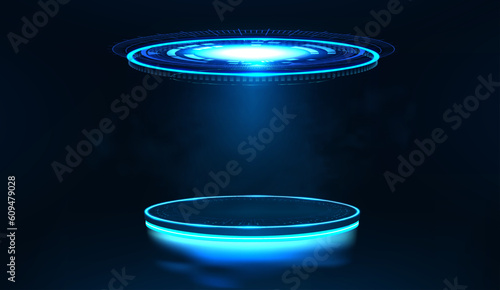  Hi-tech futuristic podium with neon light, glow, glare and reflection. Circle cyberpunk stage for show product, HUD, GUI, UI. Empty circle podium with light and smoke. Podium, stage, platform. Vector