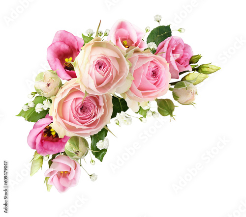 Pink rose, eustoma and gypsophila flowers in a corner floral arrangement isolated on white or transparent background