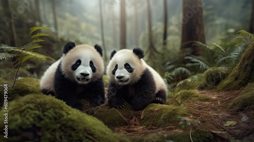 Cute little pandas in the forest