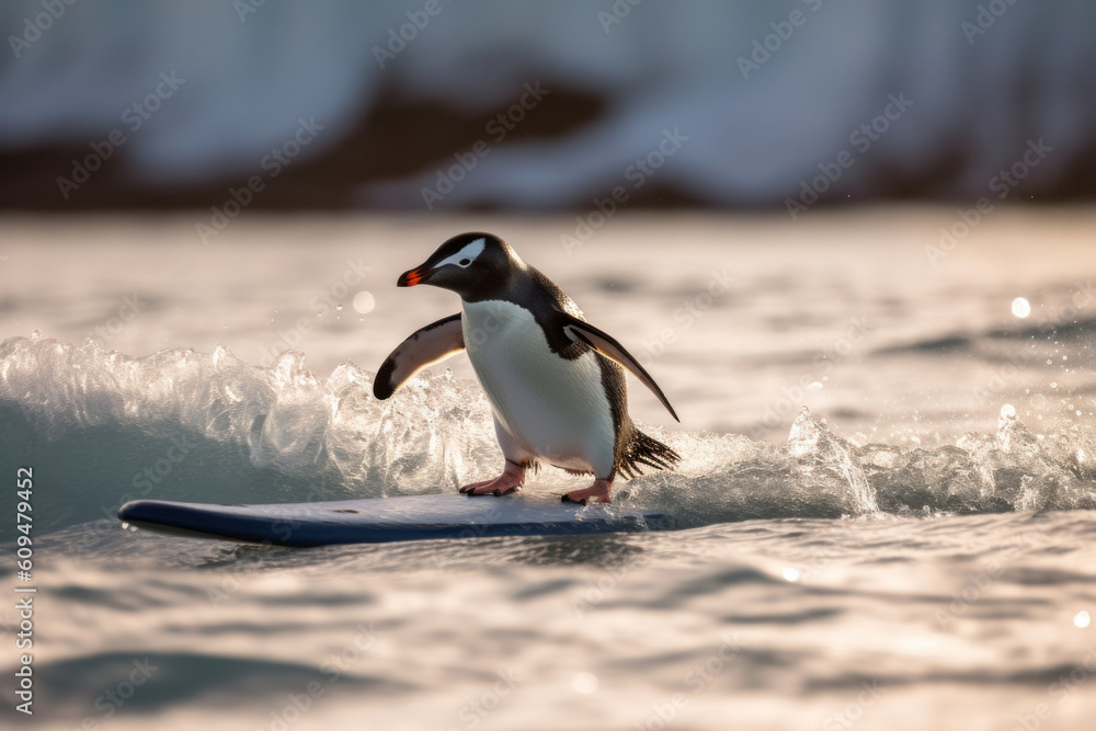 Fototapeta premium Penguin surfing the surfboard with Antarctica glacier in the background. AI generative