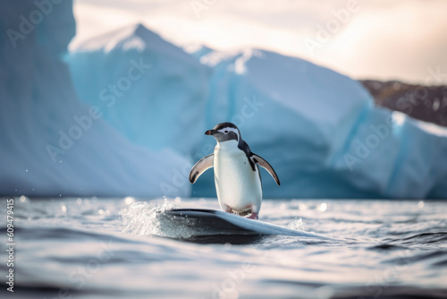Penguin surfing the surfboard with Antarctica glacier in the background. AI generative