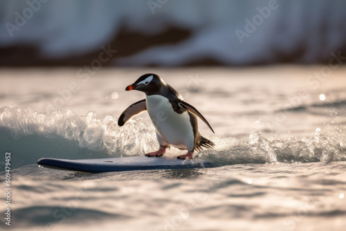 Penguin surfing the surfboard with Antarctica glacier in the background. AI generative