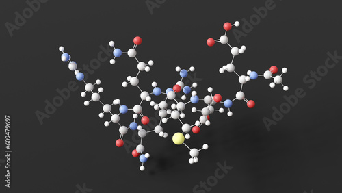 argireline molecule, molecular structure, acetyl hexapeptide-3, ball and stick 3d model, structural chemical formula with colored atoms