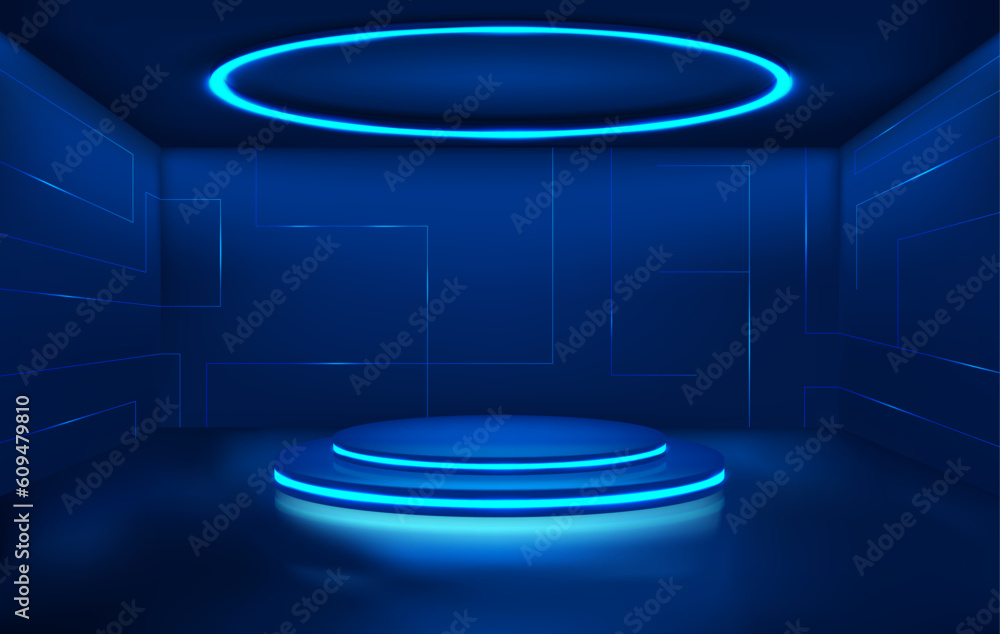Futuristic 3D studio with an empty podium, a round neon lamp on top, with a neon glow and a glossy surface. 3D realistic cyberpunk style room with round neon podium, stage, platform. Vector mockup Futuristic 3D studio with an empty podium, a round neon lamp on top, with a neon glow and a glossy surface. 3D realistic cyberpunk style room with round neon podium, stage, platform. Vector mockup