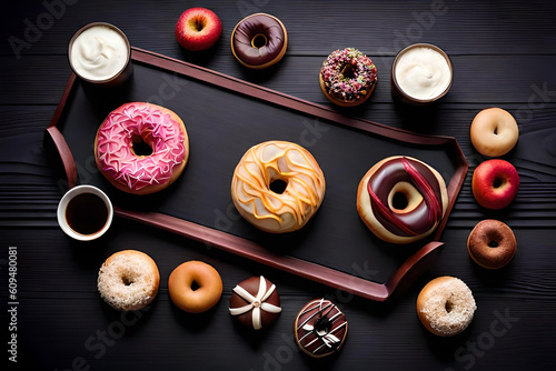  an assortment of gourmet donuts featuring unique flavor combinations, sophisticated presentations, and luxurious toppings, set against a rich black background