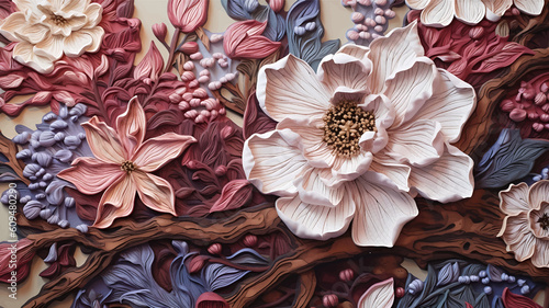 3D floral design, Seamless pattern with roses and abstract flowers in vintage style 