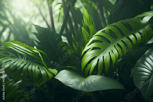 tropical vegetation, jungle in soft light, leaves, AI generated illustration