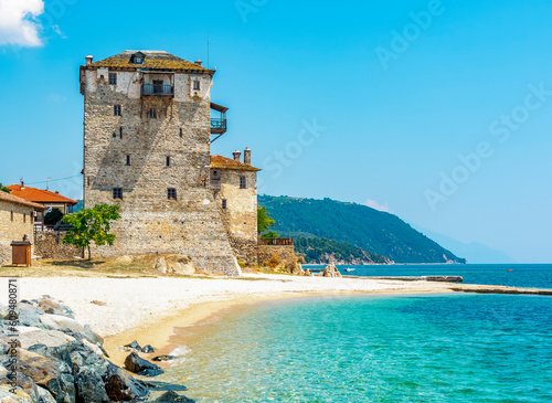 Quadro su tela Byzantine Tower of Ouranoupolis, Athos peninsula, Chalkidiki, Greece