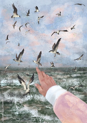 Modern Boho Sea Beach with Waves Art Print. Abstract Minimal Background. Hand pointing at the seagulls on the sea.Bohemian printable wall art, boho poster, pastel abstract art, landscape drawing, sea 