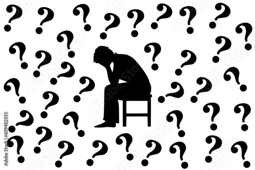 Concept of depression, anxiety, sadness and hopelessness. Silhouette of a person sitting and holding a bowed head, with a bunch of question marks surrounding him. Vector illustration