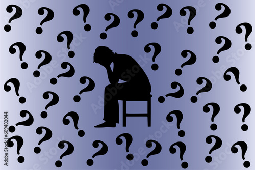 Concept of depression, anxiety, sadness and hopelessness. Silhouette of a person sitting and holding a bowed head, with a bunch of question marks surrounding him. Vector illustration	