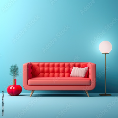 Red accent couch on a blue wall with a light