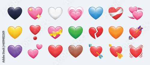 Iphone Whatsapp Heart Emojis set Isolated on White Background. Love symbol. red white yellow purple green blue black brown emoji. Valentine's day. love hearts collections