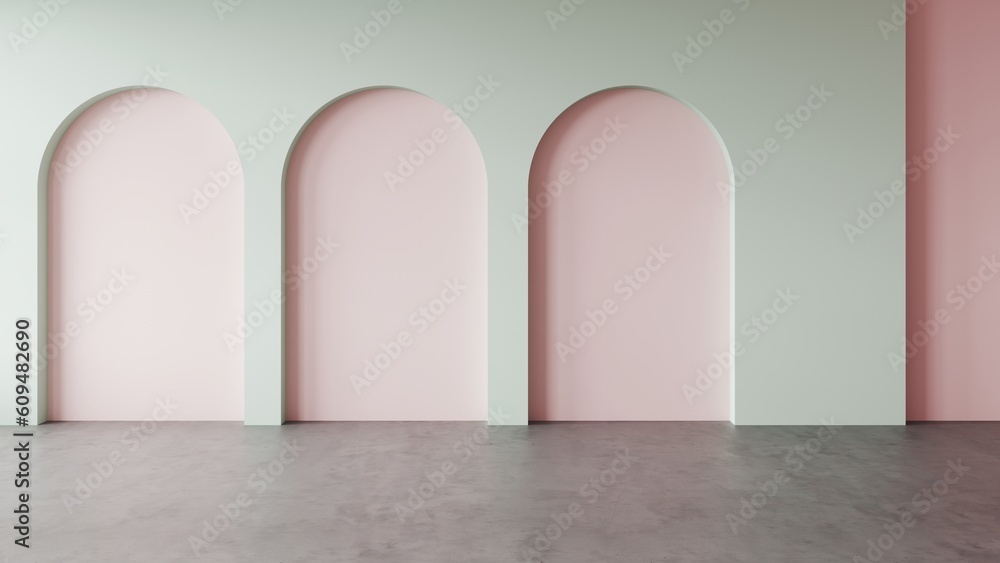 Empty modern interior pink trend living room with arch door wall design ...