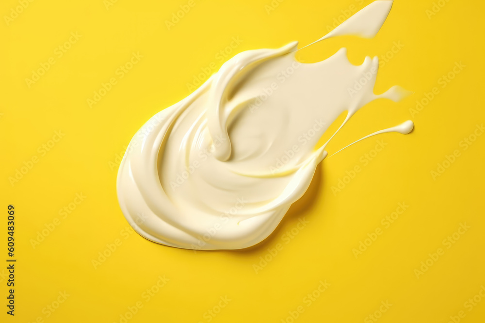 Top view of a smear of white thick cream isolated on a flat yellow