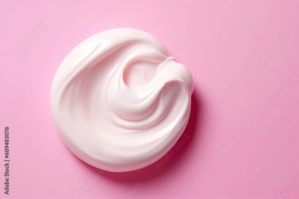 Top view of a smear of white thick cream isolated on a flat pink