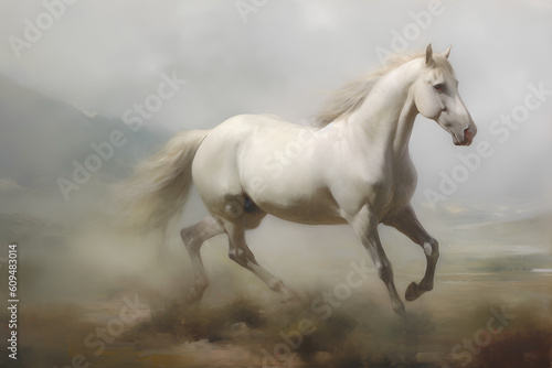 Running white light gray horse head vintage oil painting. Animal art, wall painting, wall art, artist, poster, print on canvas, horizontal, 16:9, 4:3, 