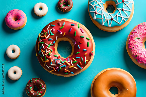 a vibrant display of donuts generously coated with colorful sprinkles, creating a playful and whimsical scene on a light blue background