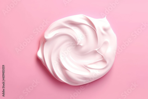 Top view of a smear of white thick cream isolated on a flat pink background surface with copy space. Above Cosmetic cream, white paint. Generative AI professional photo imitation.