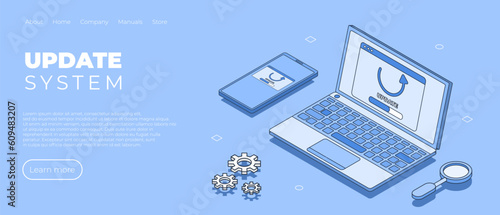 System update on laptop and phone. Landing page. Update software on device. Refresh Icon. Perfect for web design, banner and presentation. Vector illustration