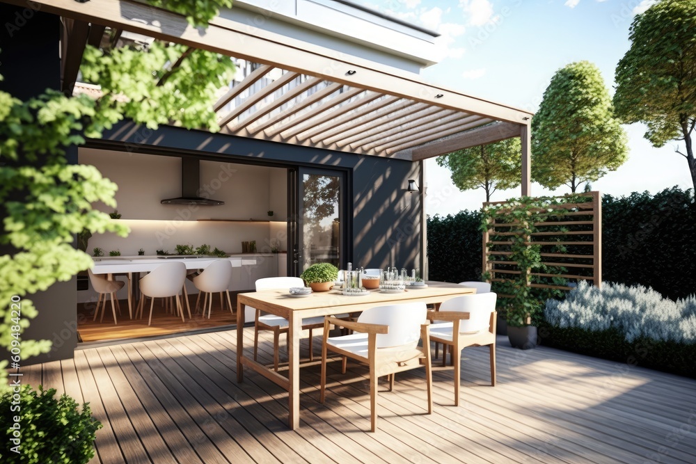 Fototapeta premium Urban patio image with natural flora and teak wood floors.Pergola bioclimatic with table, seats, and BBQ. Generative AI