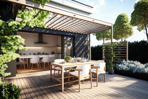 Urban patio image with natural flora and teak wood floors.Pergola bioclimatic with table, seats, and BBQ. Generative AI
