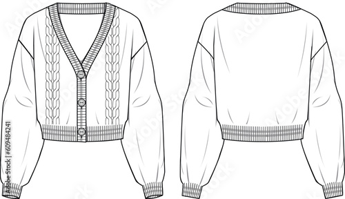 Women's Cable Detail Cropped Cardigan. Technical fashion illustration. Front and back, white color. Women's CAD mock-up.