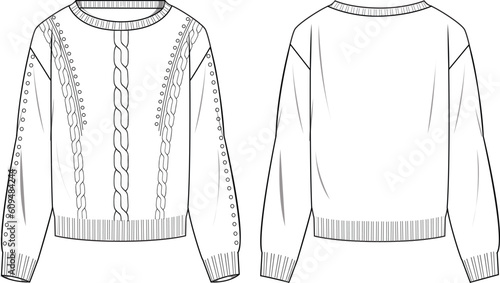 Women's Cable Front Detail Sweater- Technical fashion illustration. Front and back, white color. Women's CAD mock-up.