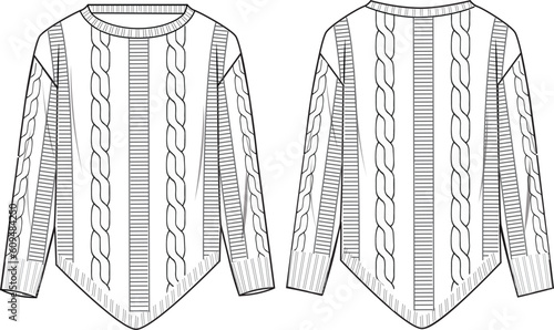 Women's Cable Dippy Hem Sweater- Technical fashion illustration. Front and back, white color. Women's CAD mock-up.