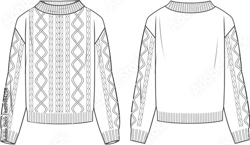 Women's Cable Sweater- Technical fashion illustration. Front and back, white color. Women's CAD mock-up.