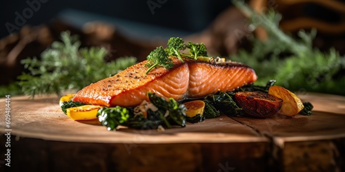 AI Generated. AI Generative. Photo illustration of bbq grilled fresh baked steak salmon with salad. Graphic Art