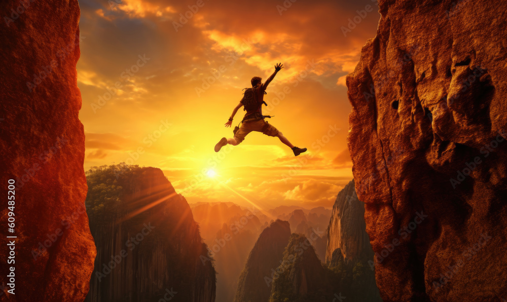 A man climbing  on top of a mountain as the sun sets. Goals and achievements concept photo composite.