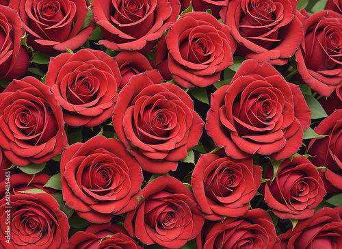 Background of many red roses. Generative AI.