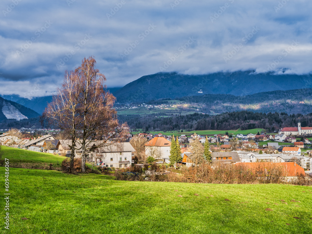 Kamnik village houses, lush green grass field and mountain during a cloudy afternoon, Kamnik, Slovenia