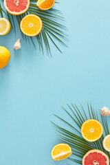 Tropical holiday concept. Top view vertical flat lay of juicy citrus slices, palm leaves on light blue background with empty space for advert or marketing message