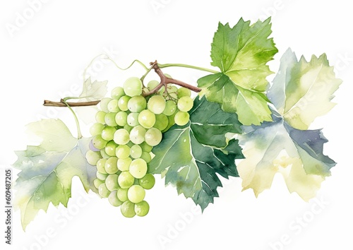 Watercolor illustration of Sauvignon Blanc Grapes on the vine on a white isolated background