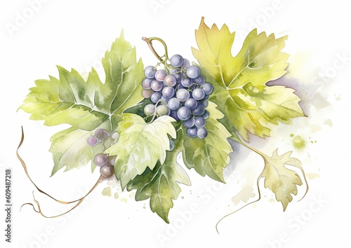 Watercolor illustration of Sauvignon Blanc Grapes on the vine on a white isolated background