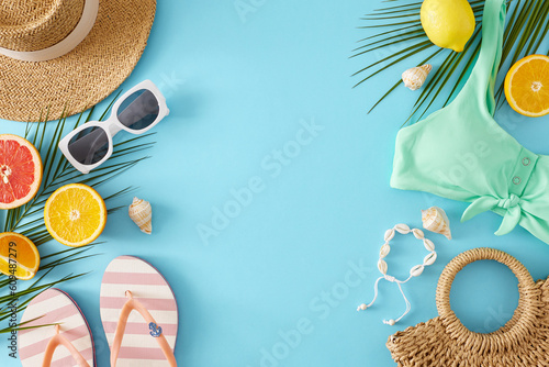 The concept of a warm-weather retreat by the sea. Top view flat lay of beach accessories, citrus, palm leaves, seashells on light blue background with empty space for text or promotion