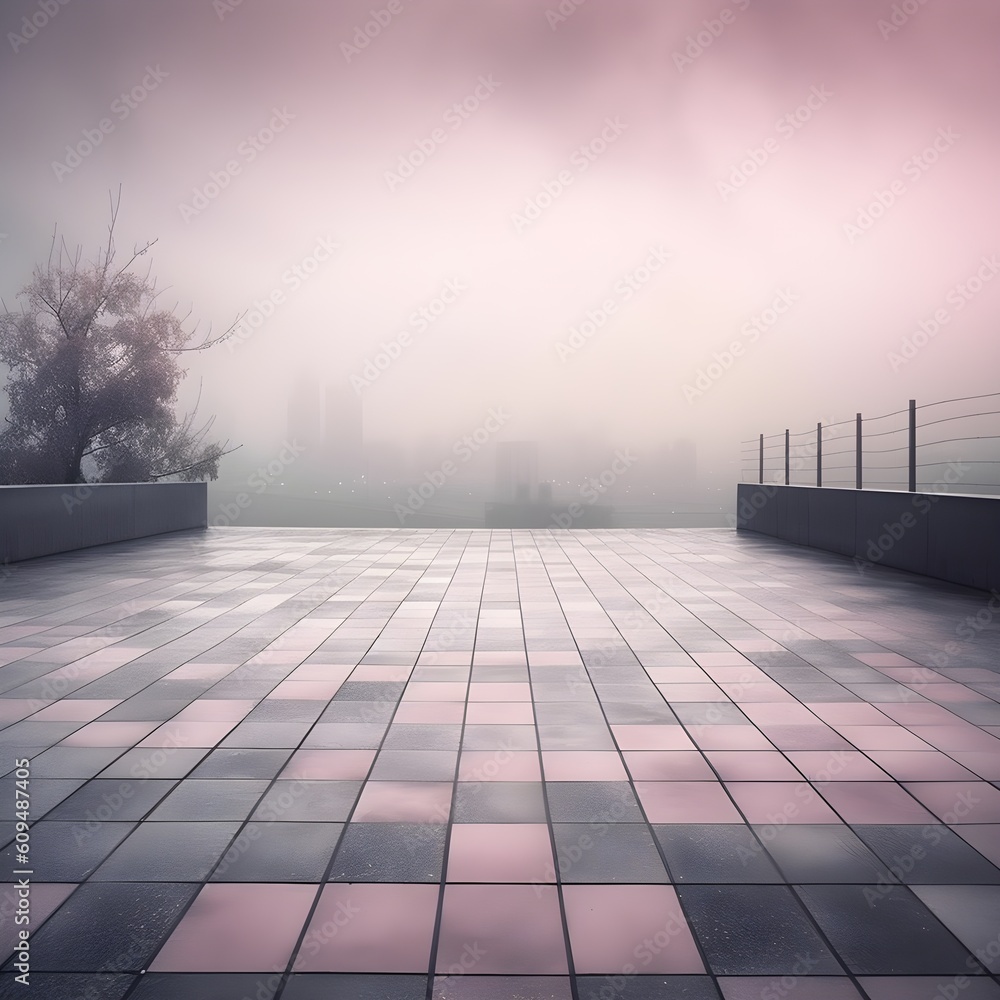 outdoor patio with pink foggy mist outside