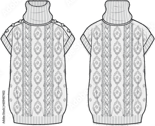 Women's Roll Neck, Cable Vest. Technical fashion illustration. Front and back, white colour. Women's CAD mock-up.