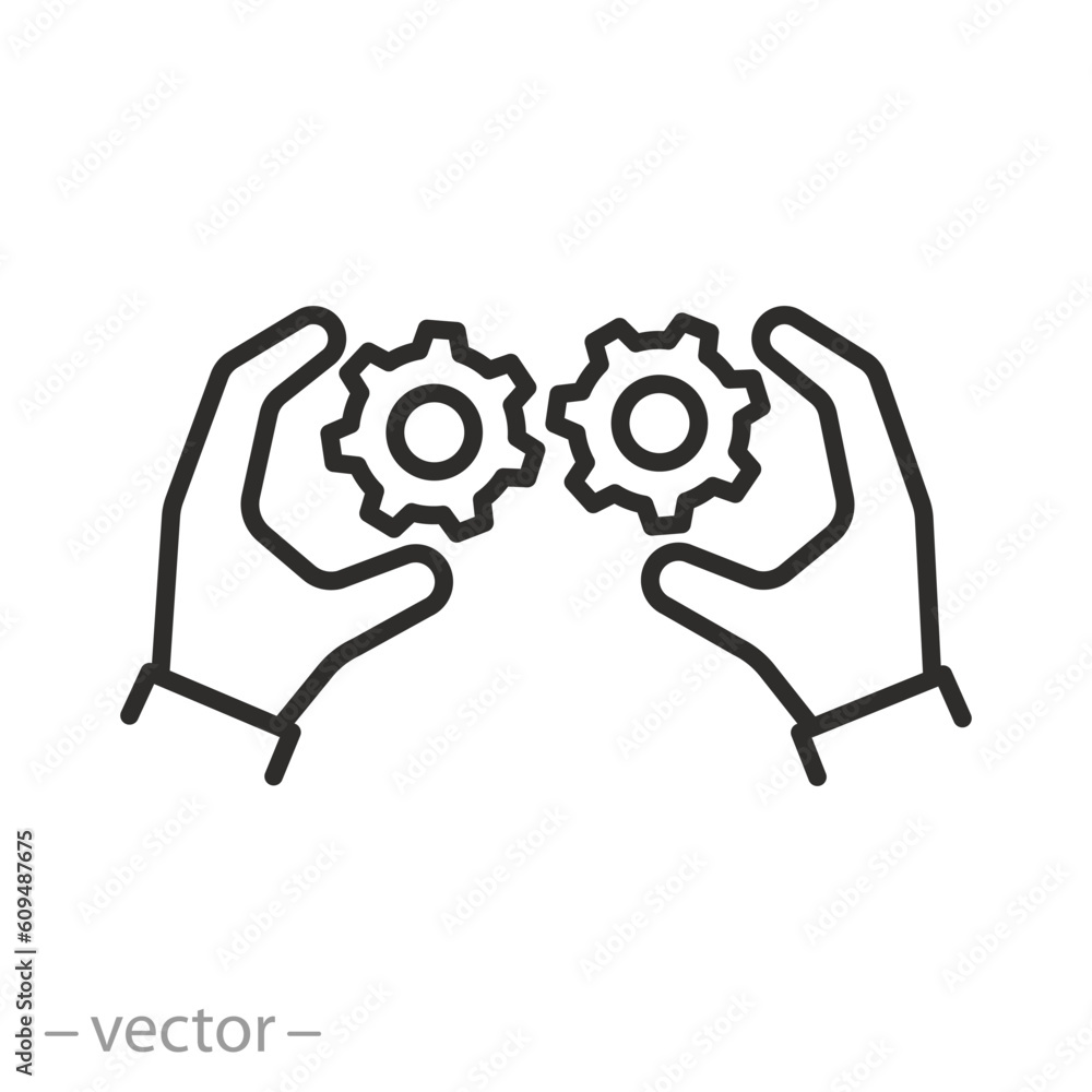 skills presentation icon, mechanism of gears in the hands, thin line symbol - editable stroke vector illustration skills presentation icon, mechanism of gears in the hands, thin line symbol - editable stroke vector illustration