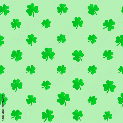 green lucky clover seamless pattern on green background. Vector flat design print